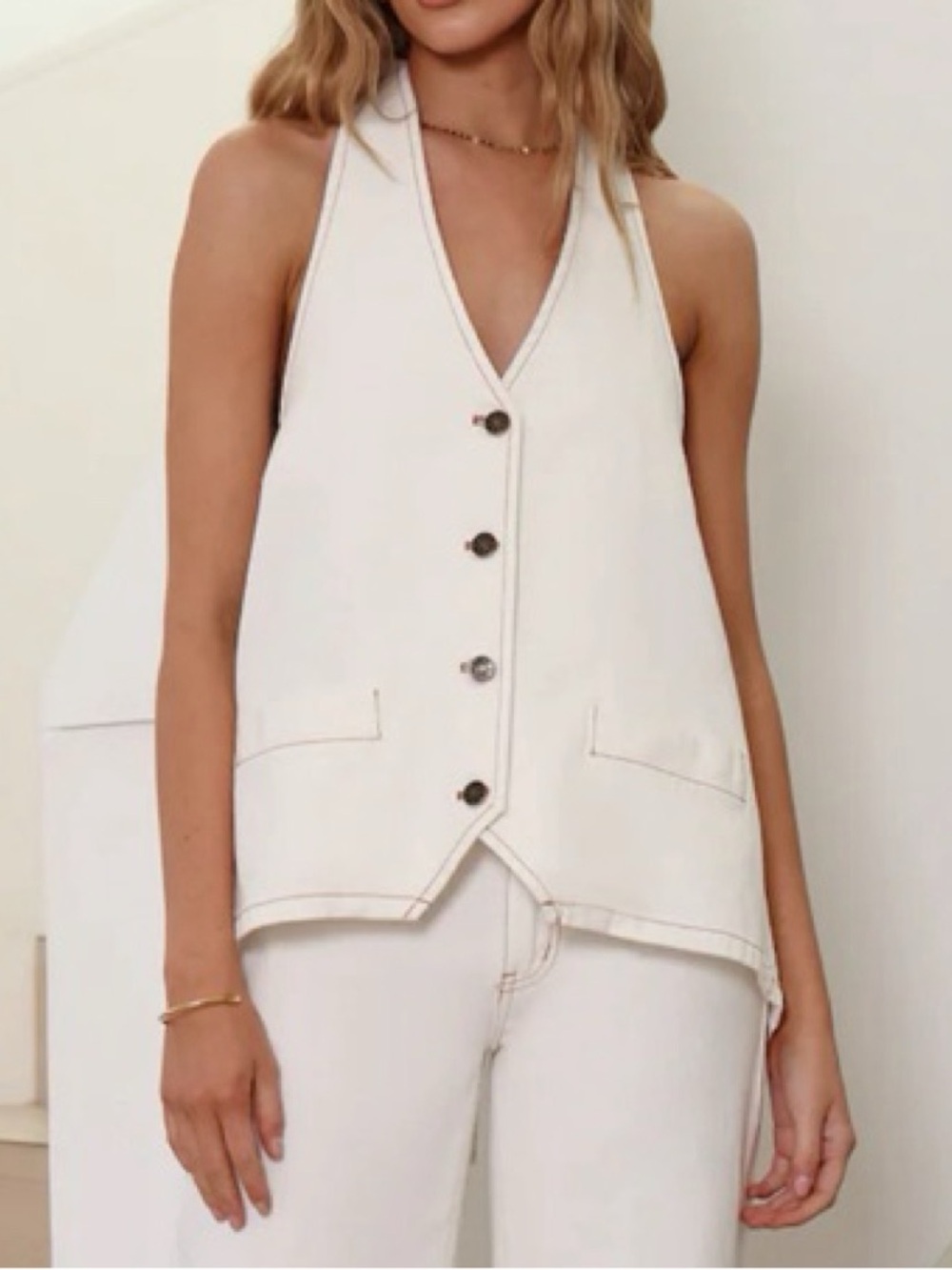 Lioness Ivory Halter Button-Front Asymmetric Denim Top